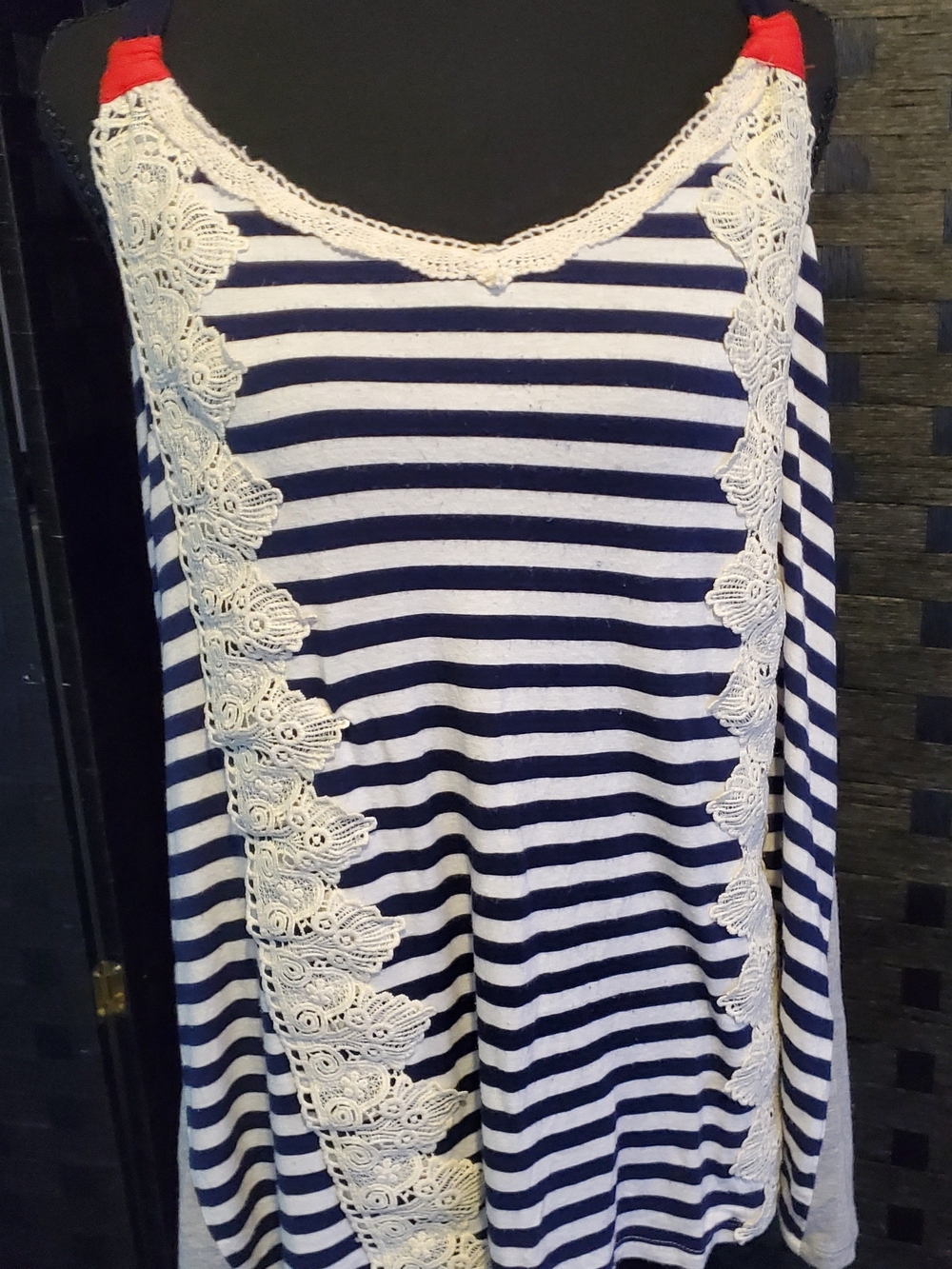 Maurices Navy & White Striped Tank with Cream Lace and Red Strap Detail